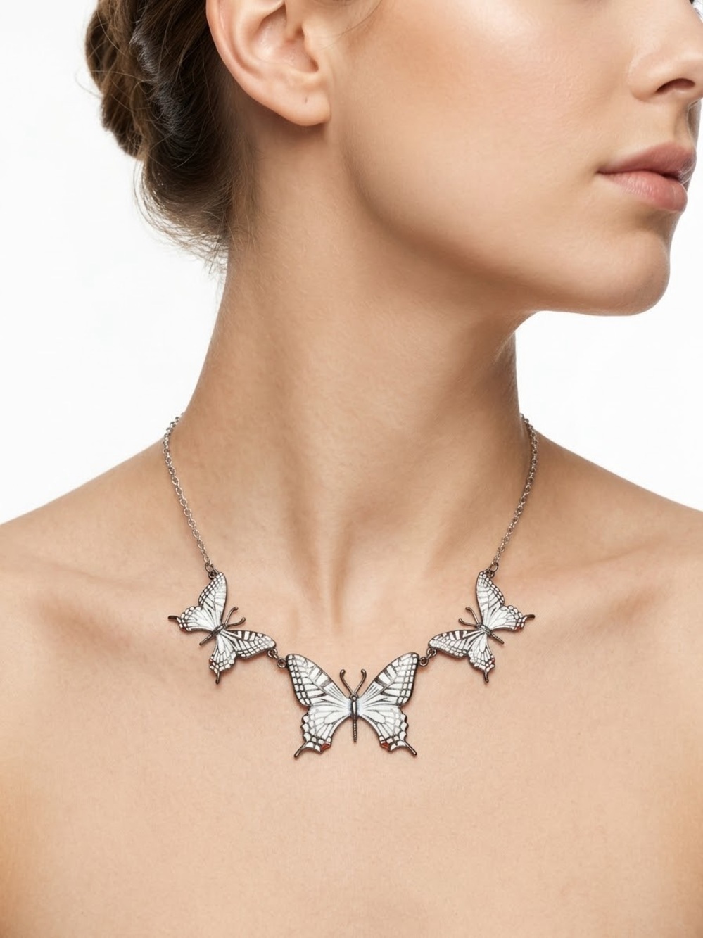 Butterfly Statement Necklace - Silver White